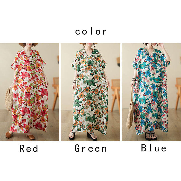 Buddha Stones Red Blue Green Flowers Midi Dress Cotton Half Sleeve Dress With Pockets - image 12
