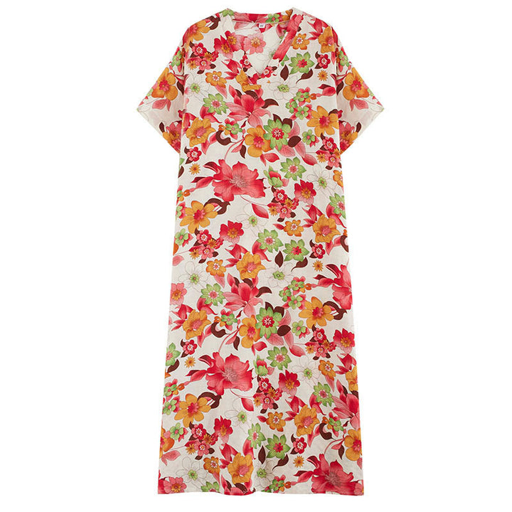 Buddha Stones Red Blue Green Flowers Midi Dress Cotton Half Sleeve Dress With Pockets - image 11