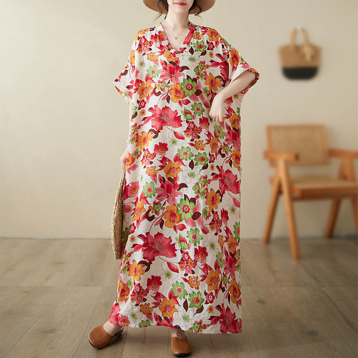 Buddha Stones Red Blue Green Flowers Midi Dress Cotton Half Sleeve Dress With Pockets - Red(Dress Only) - (Bust 158cm/Hem 158cm/Length 133cm) - image 0