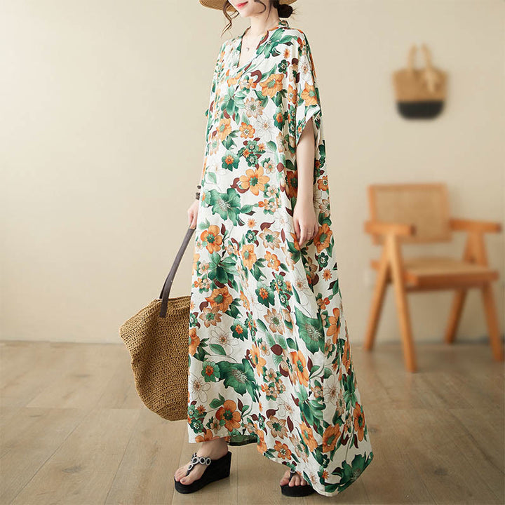 Buddha Stones Red Blue Green Flowers Midi Dress Cotton Half Sleeve Dress With Pockets - Green(Dress Only) - (Bust 158cm/Hem 158cm/Length 133cm) - image 17