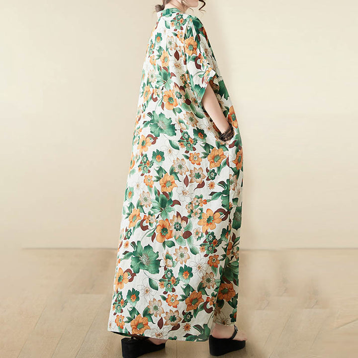 Buddha Stones Red Blue Green Flowers Midi Dress Cotton Half Sleeve Dress With Pockets - image 18