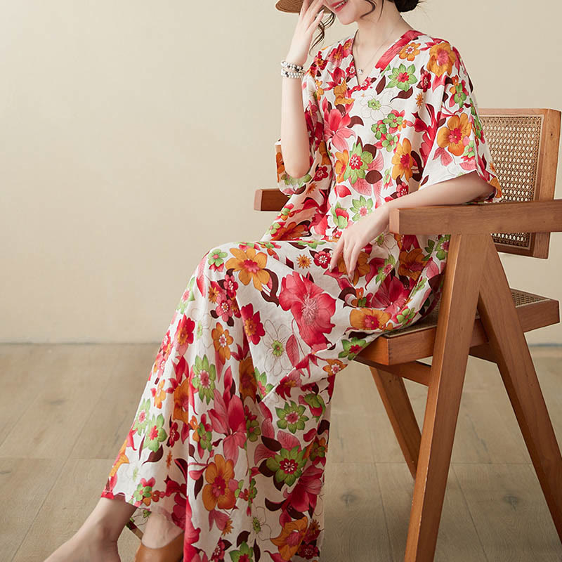 Buddha Stones Red Blue Green Flowers Midi Dress Cotton Half Sleeve Dress With Pockets - image 5