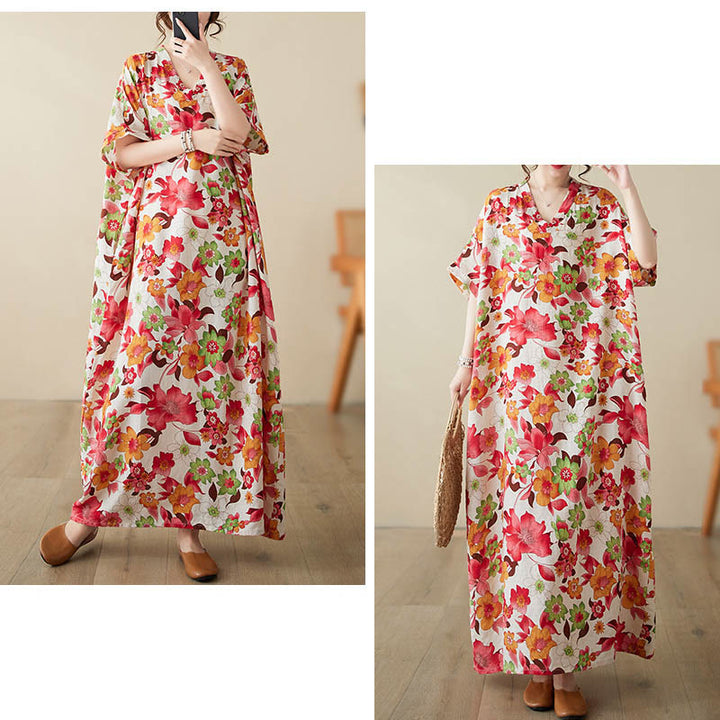 Buddha Stones Red Blue Green Flowers Midi Dress Cotton Half Sleeve Dress With Pockets - image 6