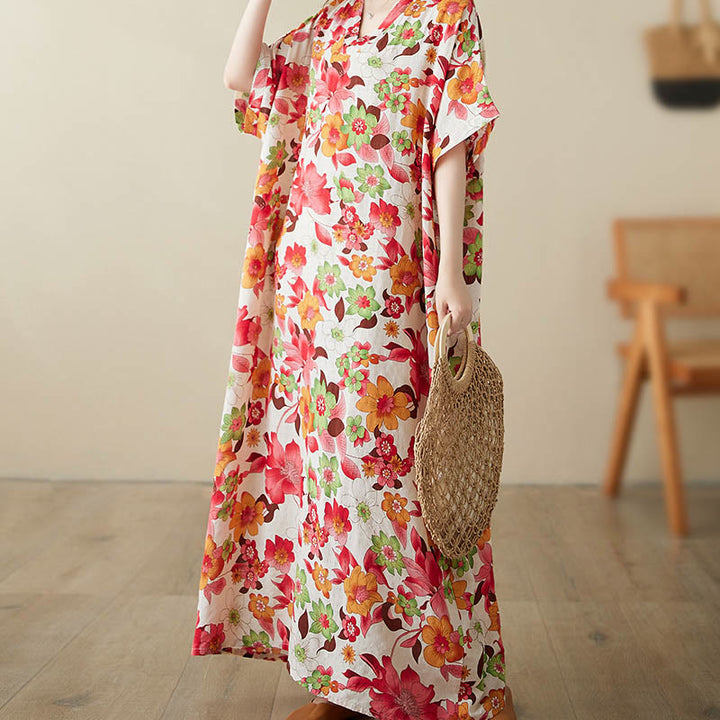 Buddha Stones Red Blue Green Flowers Midi Dress Cotton Half Sleeve Dress With Pockets - image 3