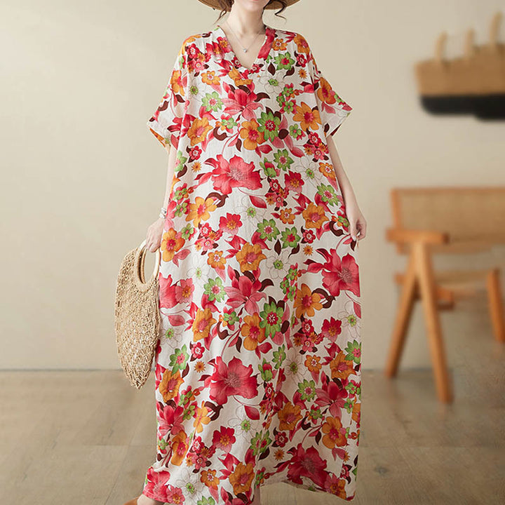 Buddha Stones Red Blue Green Flowers Midi Dress Cotton Half Sleeve Dress With Pockets - image 2