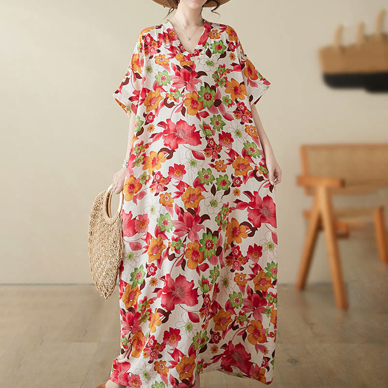 Buddha Stones Red Blue Green Flowers Midi Dress Cotton Half Sleeve Dress With Pockets - image 2