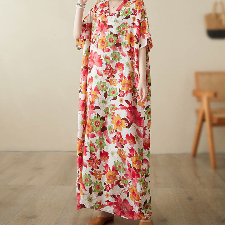 Buddha Stones Red Blue Green Flowers Midi Dress Cotton Half Sleeve Dress With Pockets - image 1