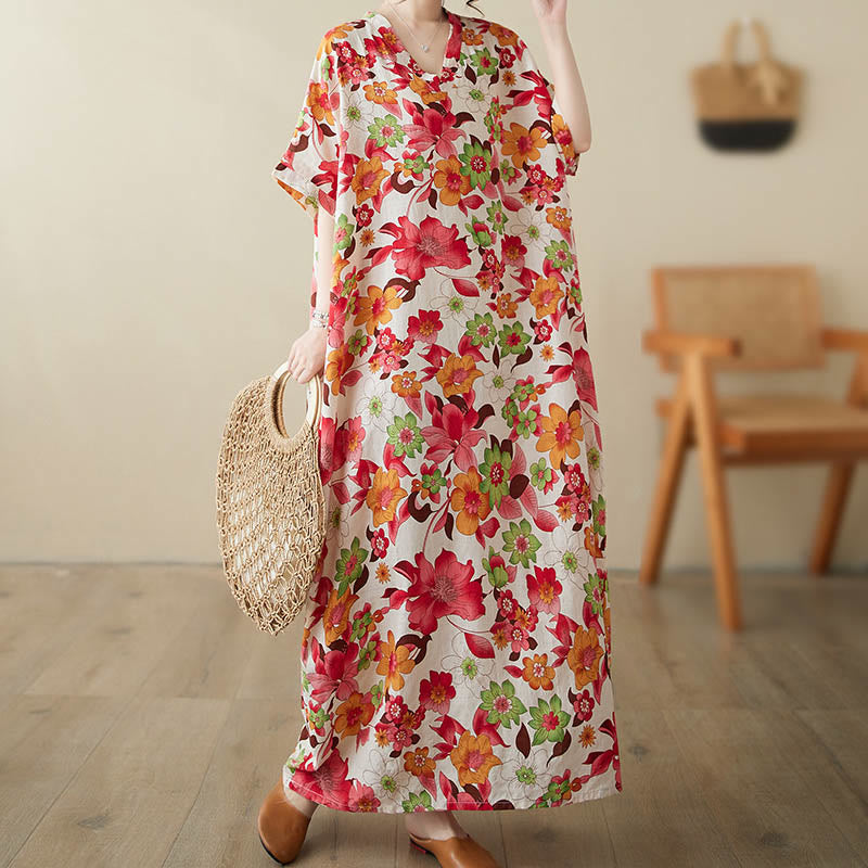 Buddha Stones Red Blue Green Flowers Midi Dress Cotton Half Sleeve Dress With Pockets - image 4
