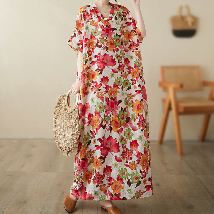 Buddha Stones Red Blue Green Flowers Midi Dress Cotton Half Sleeve Dress With Pockets - image 4