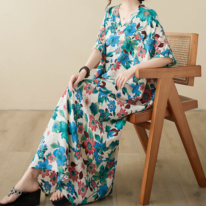 Buddha Stones Red Blue Green Flowers Midi Dress Cotton Half Sleeve Dress With Pockets - image 16