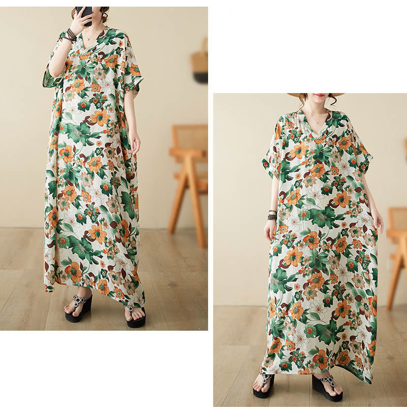 Buddha Stones Red Blue Green Flowers Midi Dress Cotton Half Sleeve Dress With Pockets - image 19