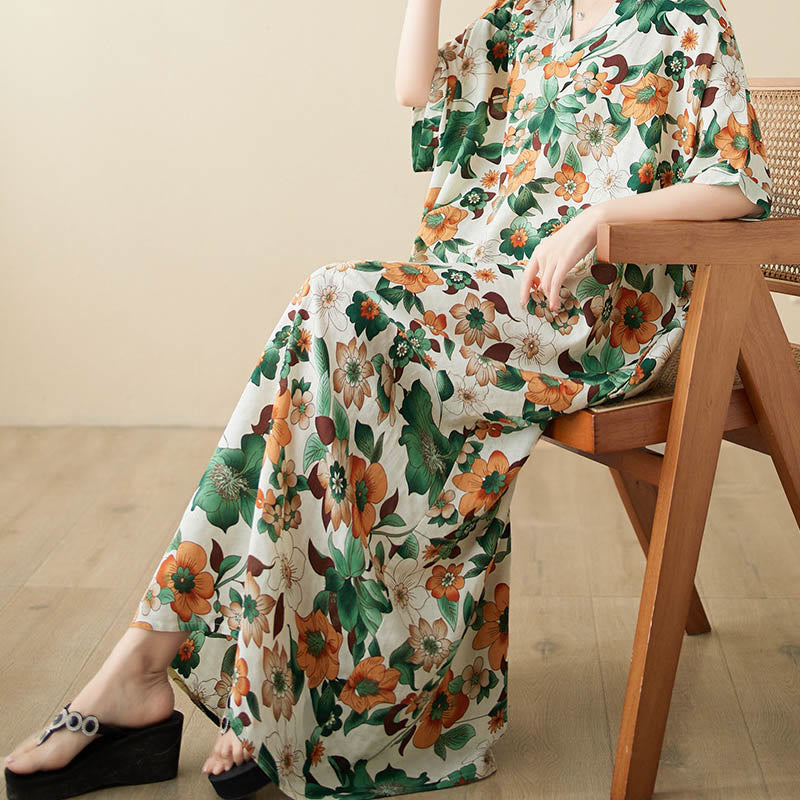 Buddha Stones Red Blue Green Flowers Midi Dress Cotton Half Sleeve Dress With Pockets - image 20