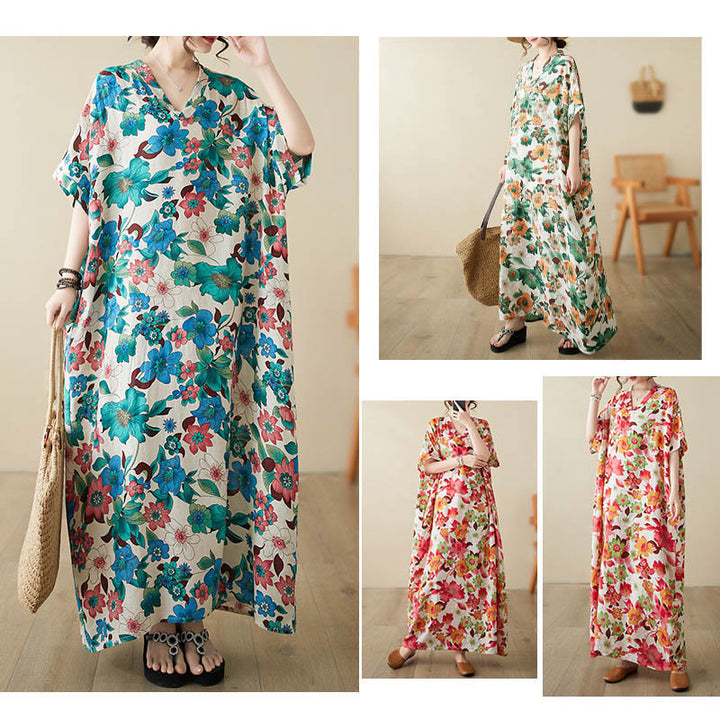 Buddha Stones Red Blue Green Flowers Midi Dress Cotton Half Sleeve Dress With Pockets - image 14