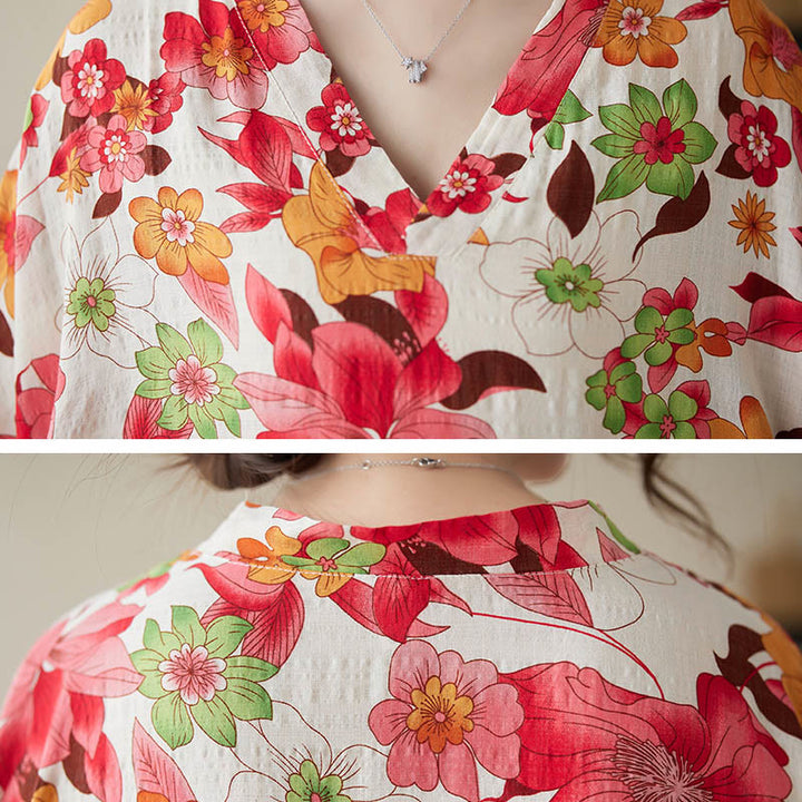 Buddha Stones Red Blue Green Flowers Midi Dress Cotton Half Sleeve Dress With Pockets - image 7