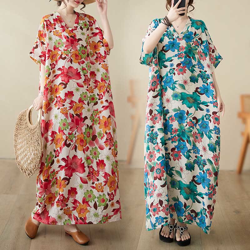 Buddha Stones Red Blue Green Flowers Midi Dress Cotton Half Sleeve Dress With Pockets - image 13