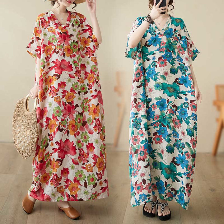 Buddha Stones Red Blue Green Flowers Midi Dress Cotton Half Sleeve Dress With Pockets - image 13