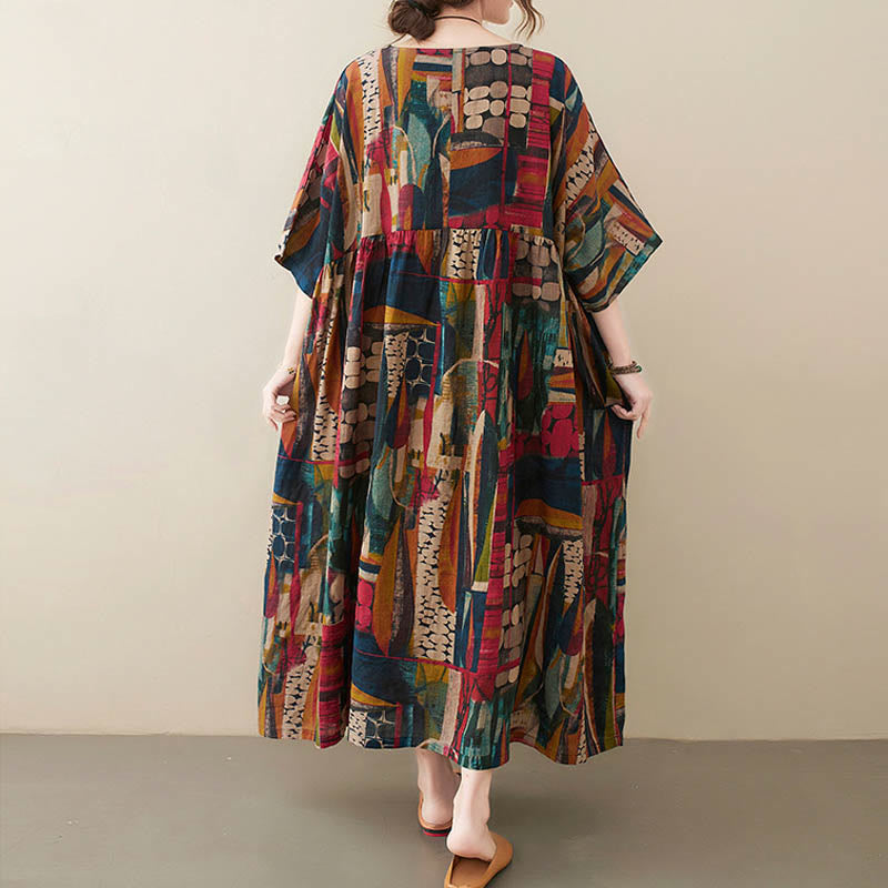 Buddha Stones Colorful Graphics Midi Dress Cotton Half Sleeve Tunic Dress With Pockets - image 4