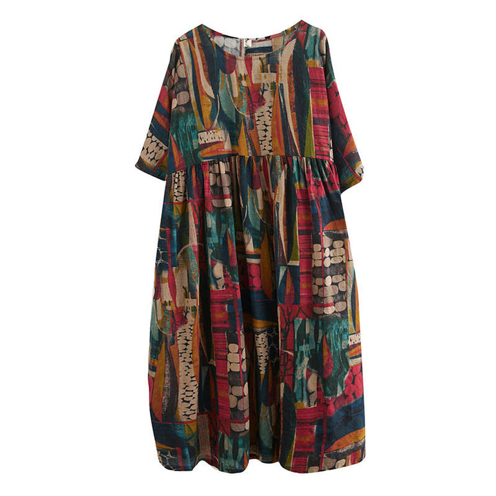Buddha Stones Colorful Graphics Midi Dress Cotton Half Sleeve Tunic Dress With Pockets - image 13
