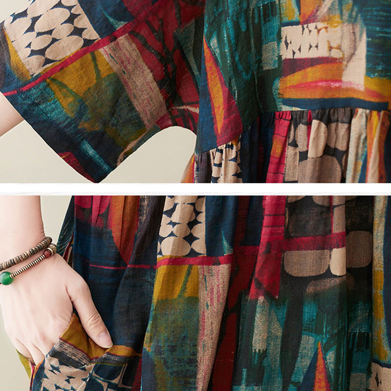 Buddha Stones Colorful Graphics Midi Dress Cotton Half Sleeve Tunic Dress With Pockets - image 10