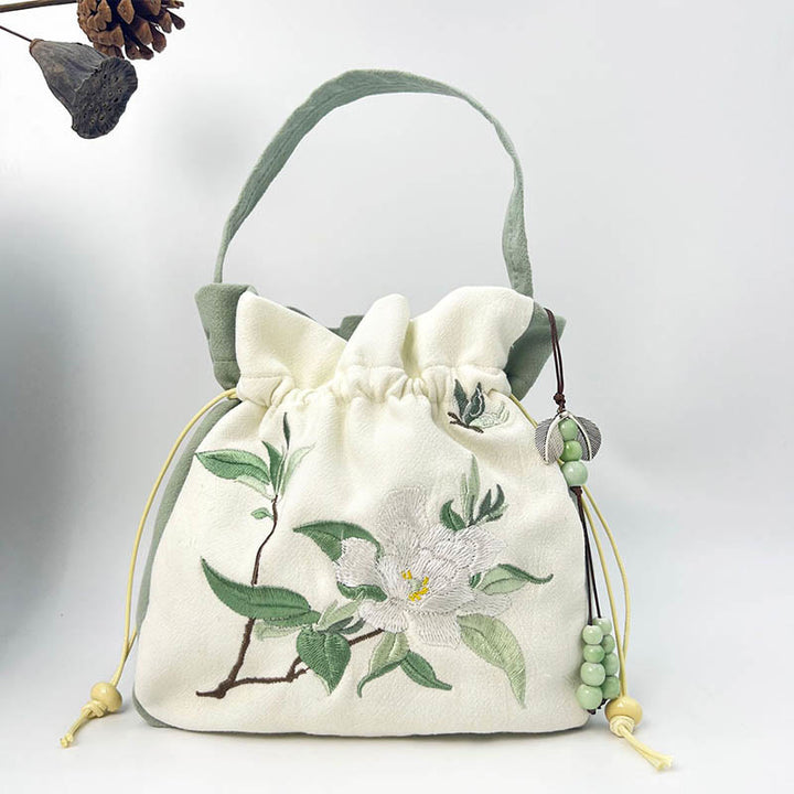 Buddha Stones Embroidered Butterfly Lotus Magnolia Cotton Linen Tote Crossbody Bag Shoulder Bag Handbag - Green Gardenia 20*20*7cm - image 19