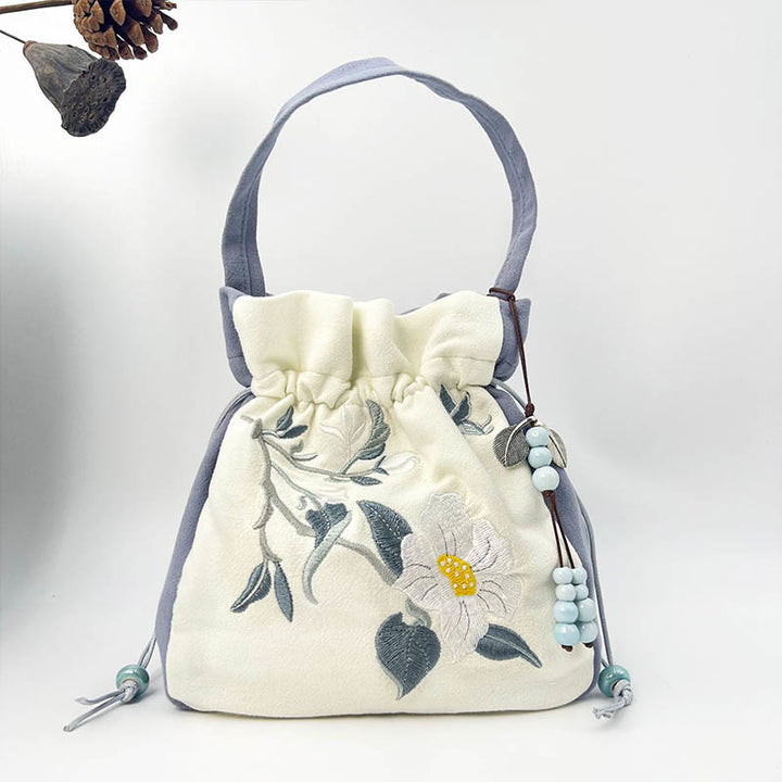 Buddha Stones Embroidered Butterfly Lotus Magnolia Cotton Linen Tote Crossbody Bag Shoulder Bag Handbag - Blue White Camellia 20*20*7cm - image 23