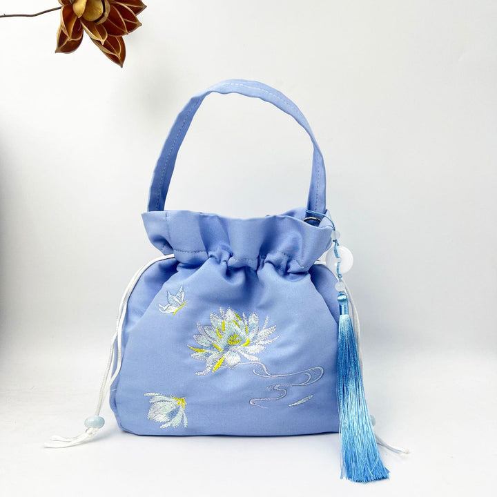 Buddha Stones Embroidered Lotus Koi Fish Crane Camellia Cotton Linen Tote Crossbody Bag Shoulder Bag Handbag - Blue Lotus 20*20*7cm - image 8