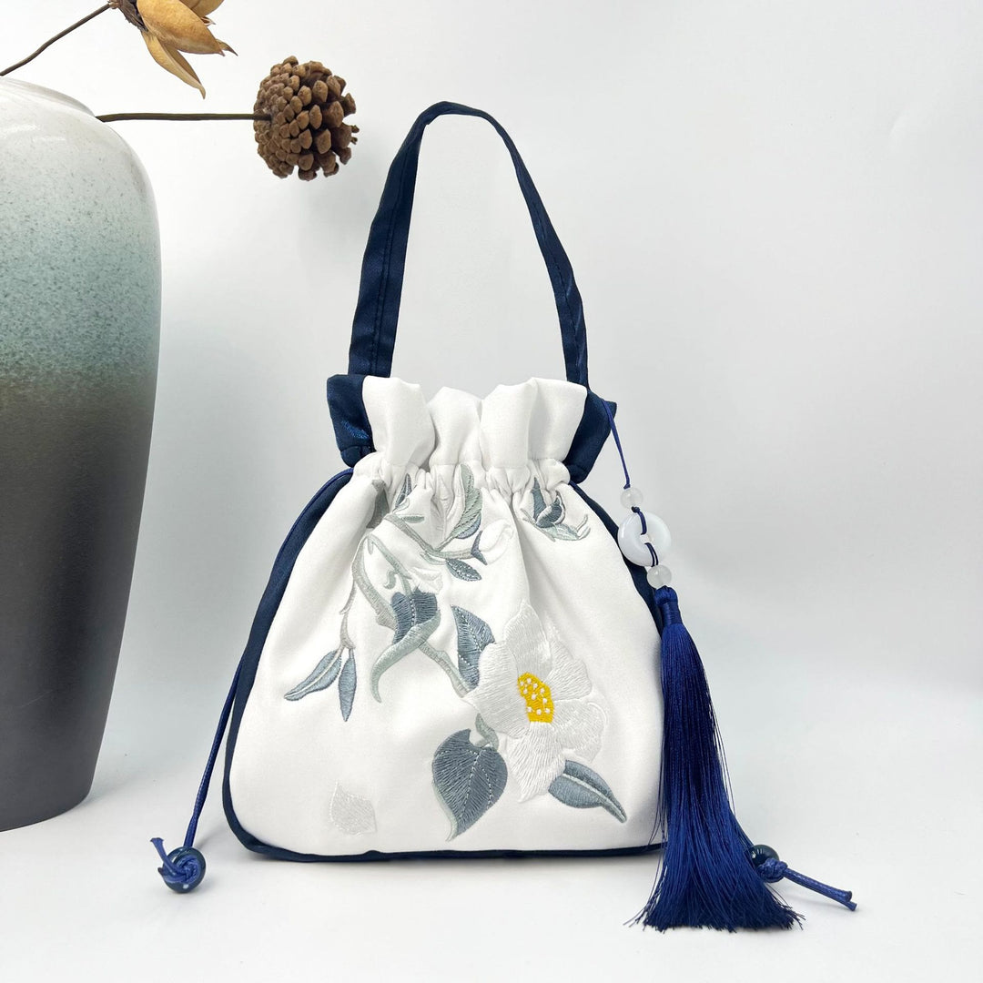 Buddha Stones Embroidered Lotus Koi Fish Crane Camellia Cotton Linen Tote Crossbody Bag Shoulder Bag Handbag - Navy Blue White Camellia 20*20*7cm - image 9