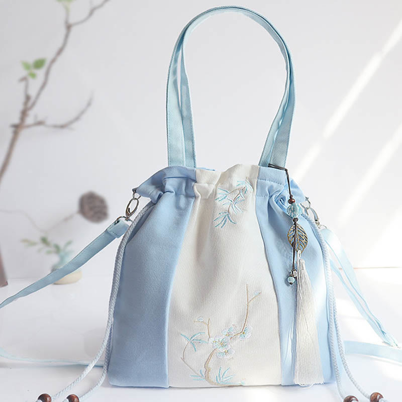 Buddha Stones Embroidered Grass Flowers Cherry Blossom Canvas Tote Crossbody Bag Shoulder Bag Handbag - Light Blue White Triple Patchwork 28*30cm - image 16