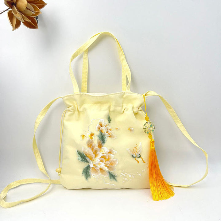 Buddha Stones Lotus Peony Epiphyllum Phoenix Suzhou Embroidery Cotton Linen Tote Crossbody Bag Shoulder Bag Handbag - Yellow Golden Peony 21*22cm - image 17