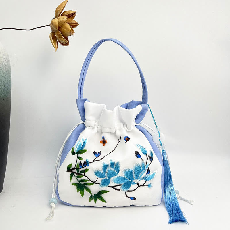 Buddha Stones Suzhou Embroidery Rabbit Lotus Epiphyllum Peony Magnolia Silk Tote Crossbody Bag Shoulder Bag Handbag - Blue White Magnolia 20*20*7cm - image 11