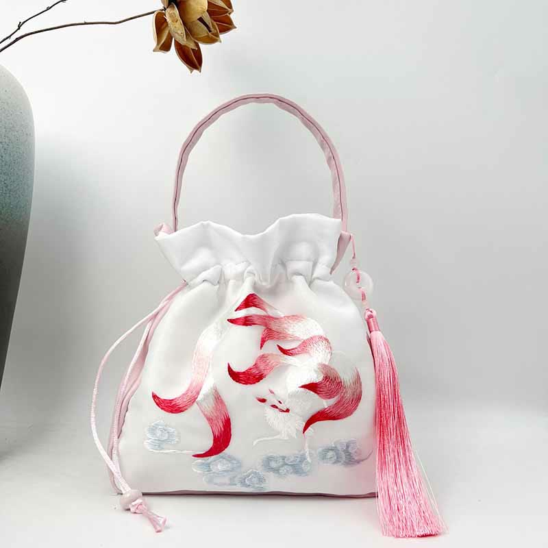 Buddha Stones Suzhou Embroidery Rabbit Lotus Epiphyllum Peony Magnolia Silk Tote Crossbody Bag Shoulder Bag Handbag - Light Pink Nine-Tailed Fox 20*20*7cm - image 30