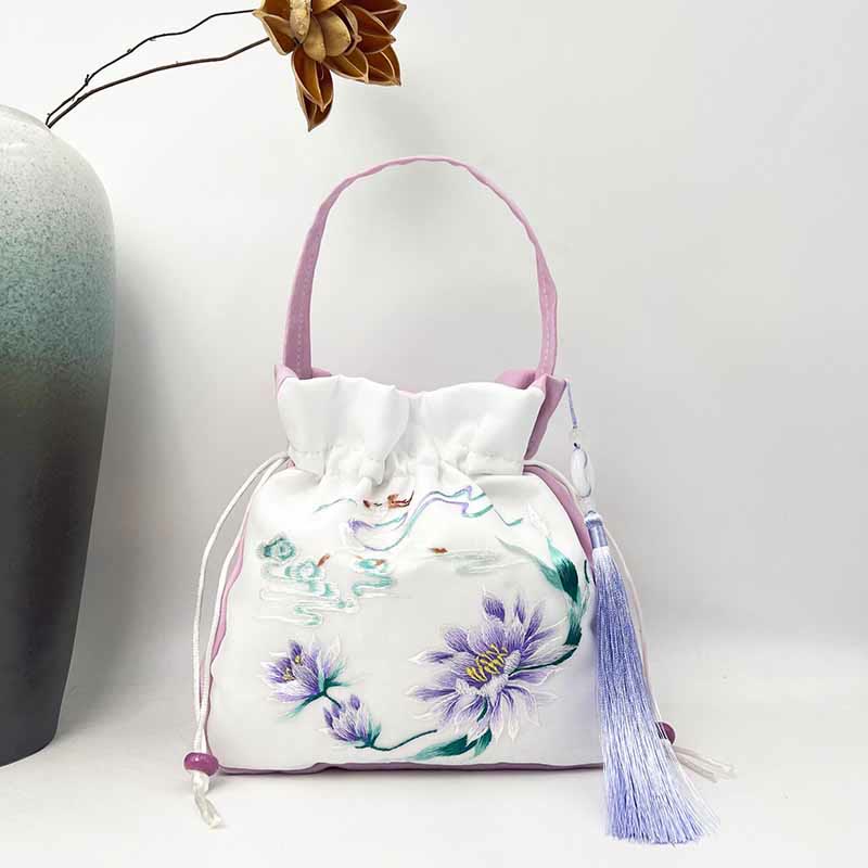 Buddha Stones Suzhou Embroidery Rabbit Lotus Epiphyllum Peony Magnolia Silk Tote Crossbody Bag Shoulder Bag Handbag - Light Purple Lotus Fairy Deer 20*20*7cm - image 34