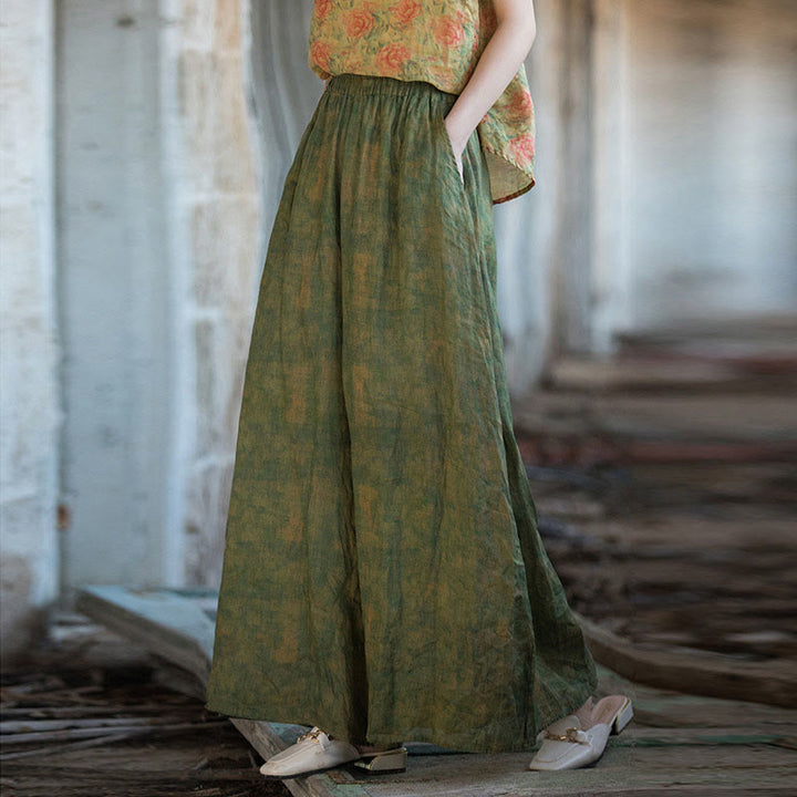 Buddha Stones Green Yellow Ramie Linen Flexible Waistband Wide Leg Pants With Pockets - Green-US4-8/10,UK/AU8-12/14,EU36-40/42 (F) - image 0