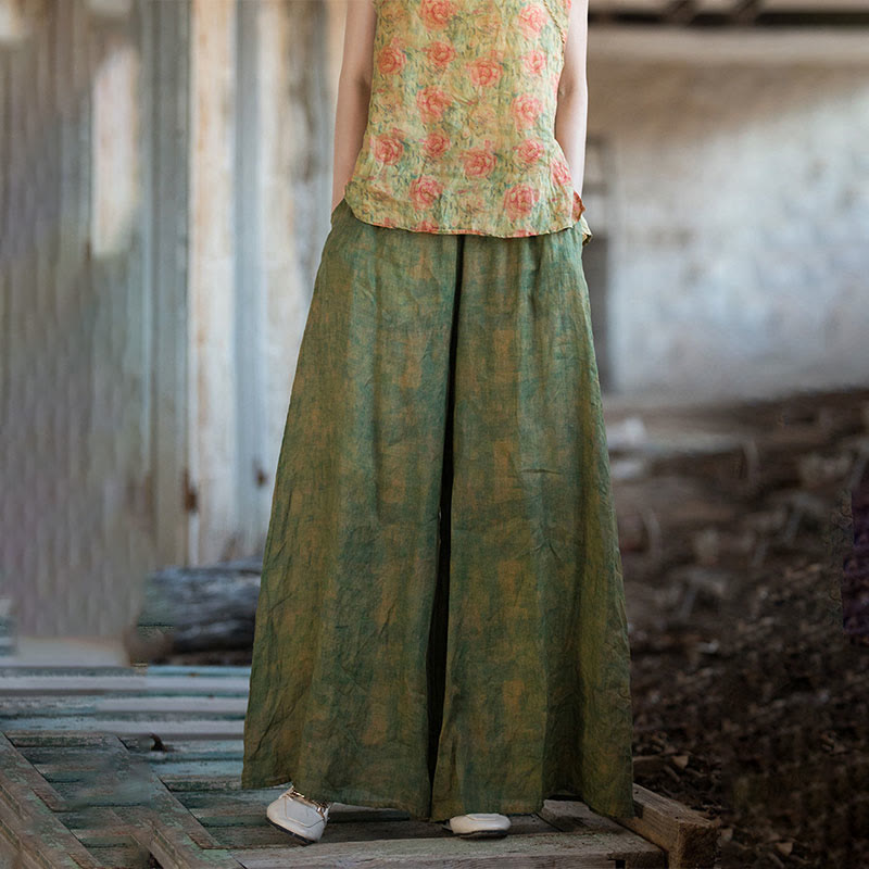 Buddha Stones Green Yellow Ramie Linen Flexible Waistband Wide Leg Pants With Pockets - image 8