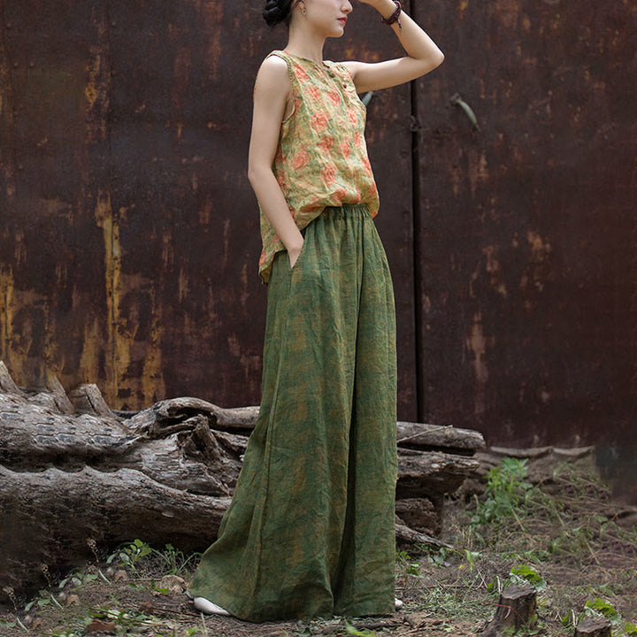Buddha Stones Green Yellow Ramie Linen Flexible Waistband Wide Leg Pants With Pockets - image 24