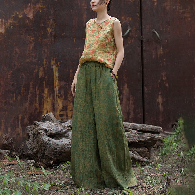 Buddha Stones Green Yellow Ramie Linen Flexible Waistband Wide Leg Pants With Pockets - image 27