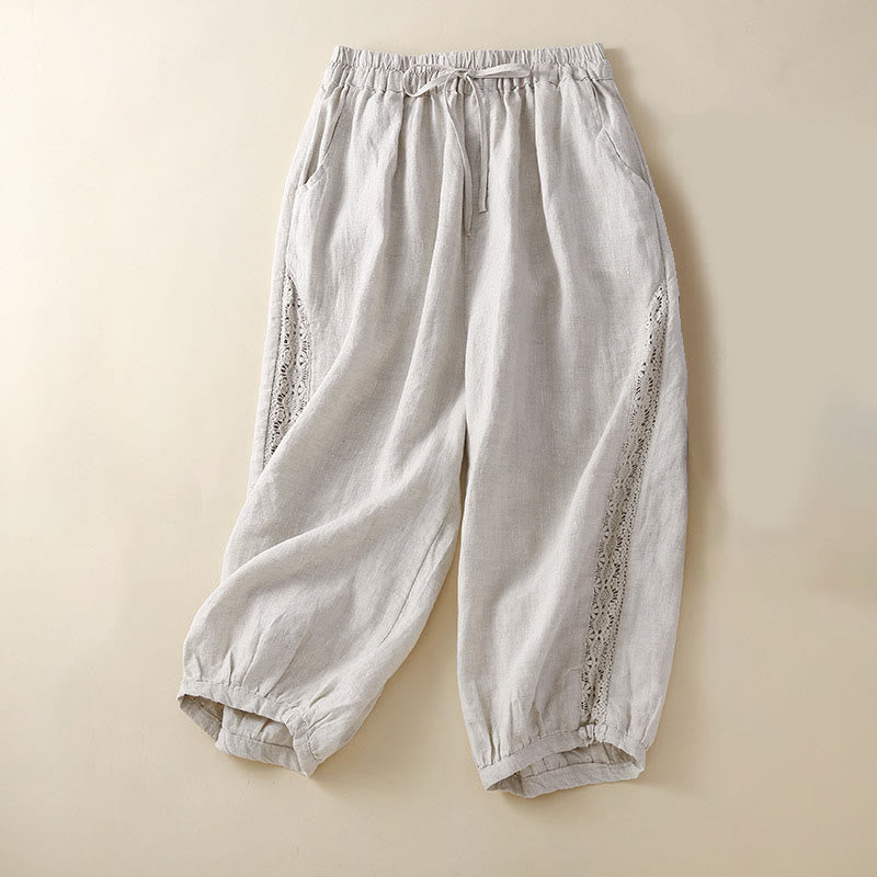 Buddha Stones Solid Color Flower Loose Drawstring Harem Pants With Pockets - Beige - US8-10,UK/AU12-14,EU40-42 (2XL) - image 0