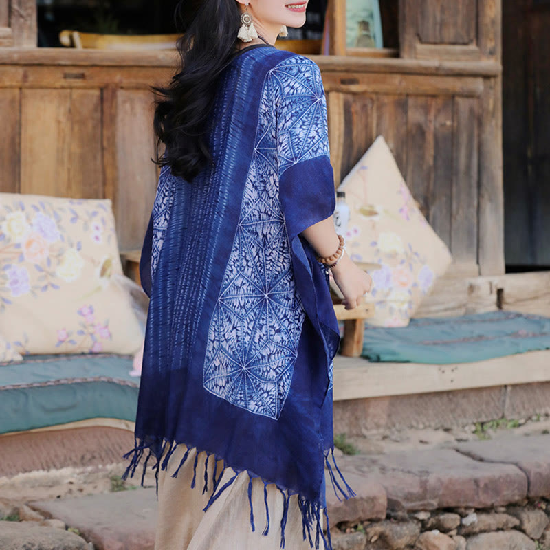 Buddha Stones Blue Geometric Stripes Batik Shawl Tassels Cozy Travel Pullover 90*95cm - image 4