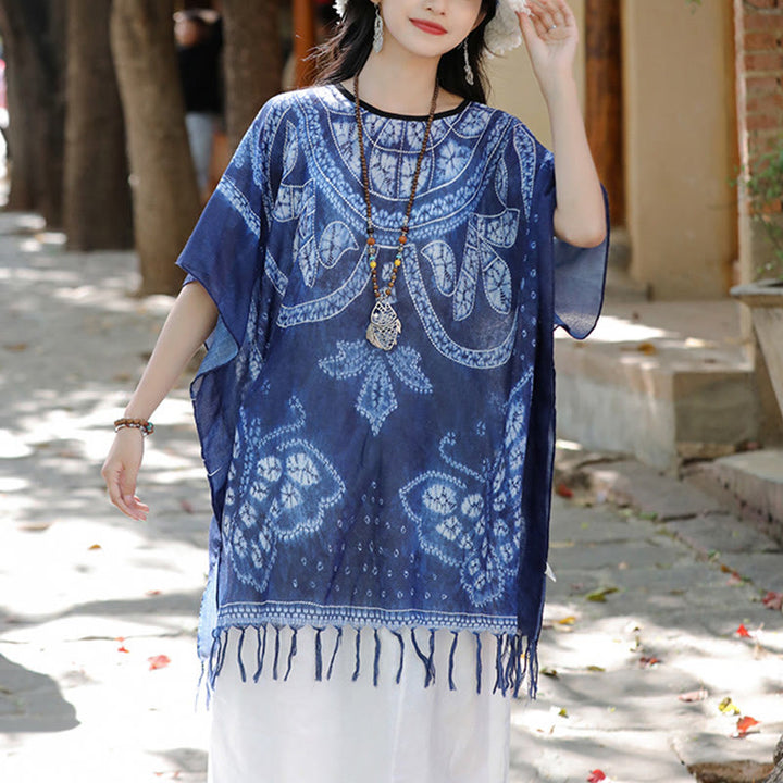 Buddha Stones Blue Butterfly Indigo Dyeing Shawl Tassels Cozy Travel Pullover 90*95cm - image 6