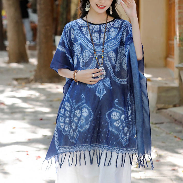 Buddha Stones Blue Butterfly Indigo Dyeing Shawl Tassels Cozy Travel Pullover 90*95cm - Blue Butterfly 90*95cm - image 0