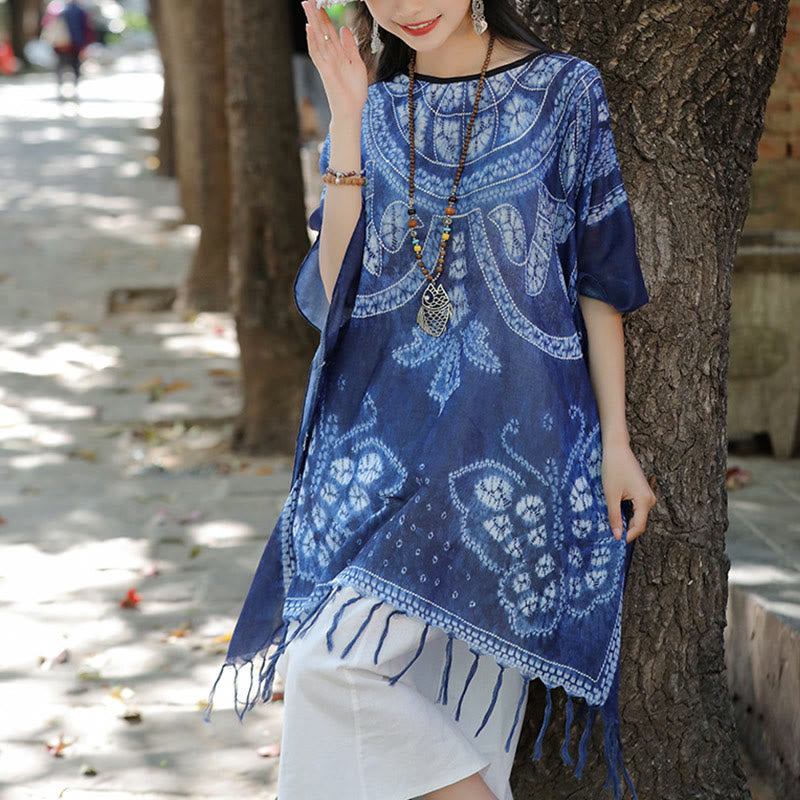 Buddha Stones Blue Butterfly Indigo Dyeing Shawl Tassels Cozy Travel Pullover 90*95cm - image 3