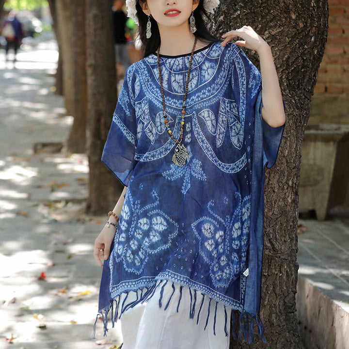 Buddha Stones Blue Butterfly Indigo Dyeing Shawl Tassels Cozy Travel Pullover 90*95cm - image 1