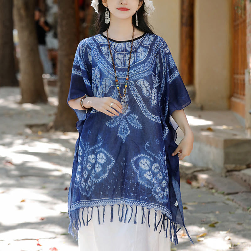 Buddha Stones Blue Butterfly Indigo Dyeing Shawl Tassels Cozy Travel Pullover 90*95cm - image 4