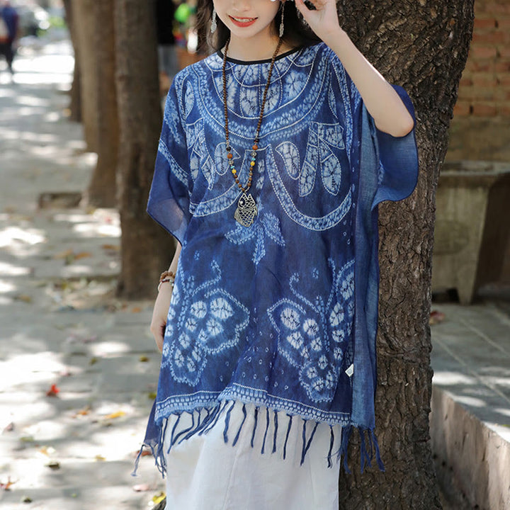 Buddha Stones Blue Butterfly Indigo Dyeing Shawl Tassels Cozy Travel Pullover 90*95cm - image 5