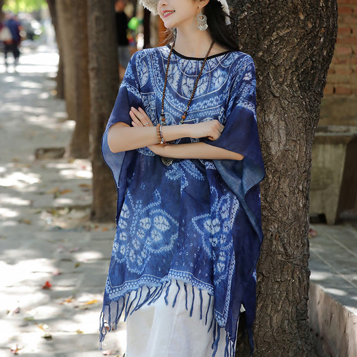 Buddha Stones Blue Butterfly Indigo Dyeing Shawl Tassels Cozy Travel Pullover 90*95cm - image 2