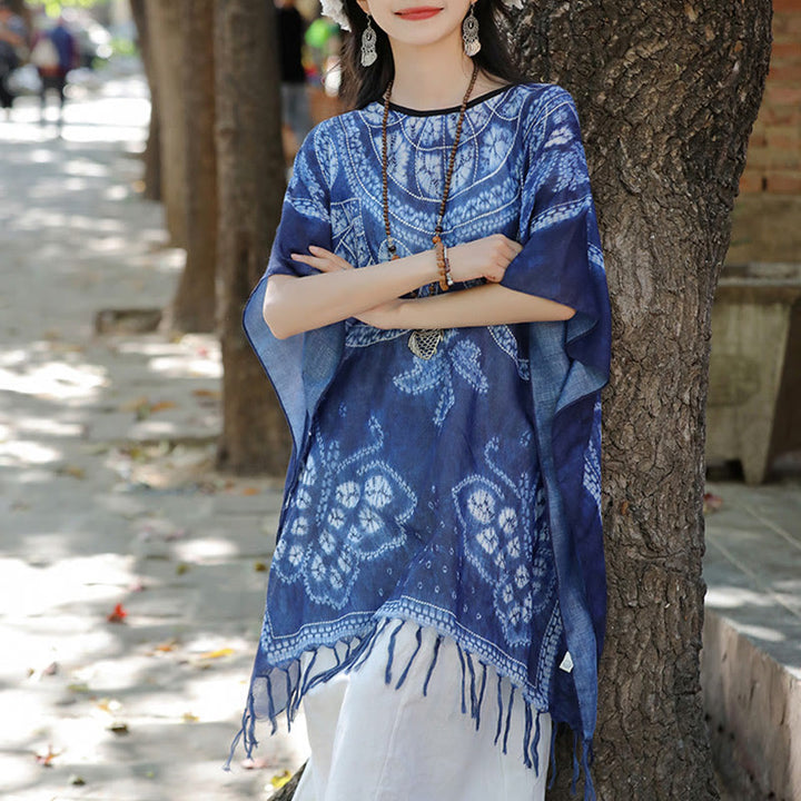 Buddha Stones Blue Butterfly Indigo Dyeing Shawl Tassels Cozy Travel Pullover 90*95cm - image 7