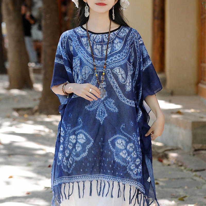 Buddha Stones Blue Butterfly Indigo Dyeing Shawl Tassels Cozy Travel Pullover 90*95cm - image 8