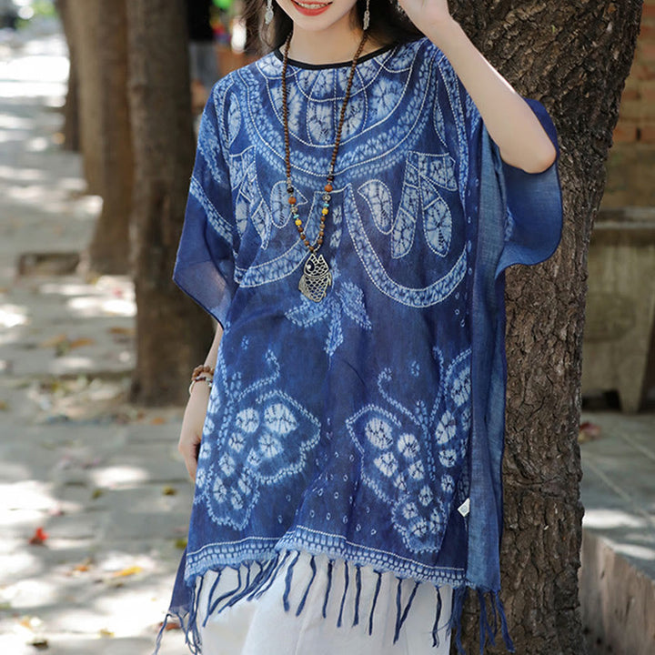 Buddha Stones Blue Butterfly Indigo Dyeing Shawl Tassels Cozy Travel Pullover 90*95cm - image 9