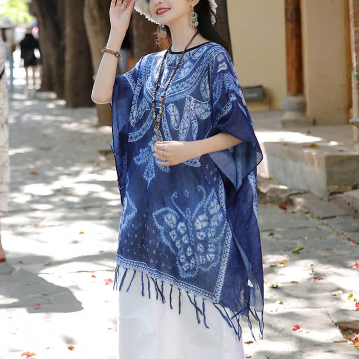 Buddha Stones Blue Butterfly Indigo Dyeing Shawl Tassels Cozy Travel Pullover 90*95cm - image 10