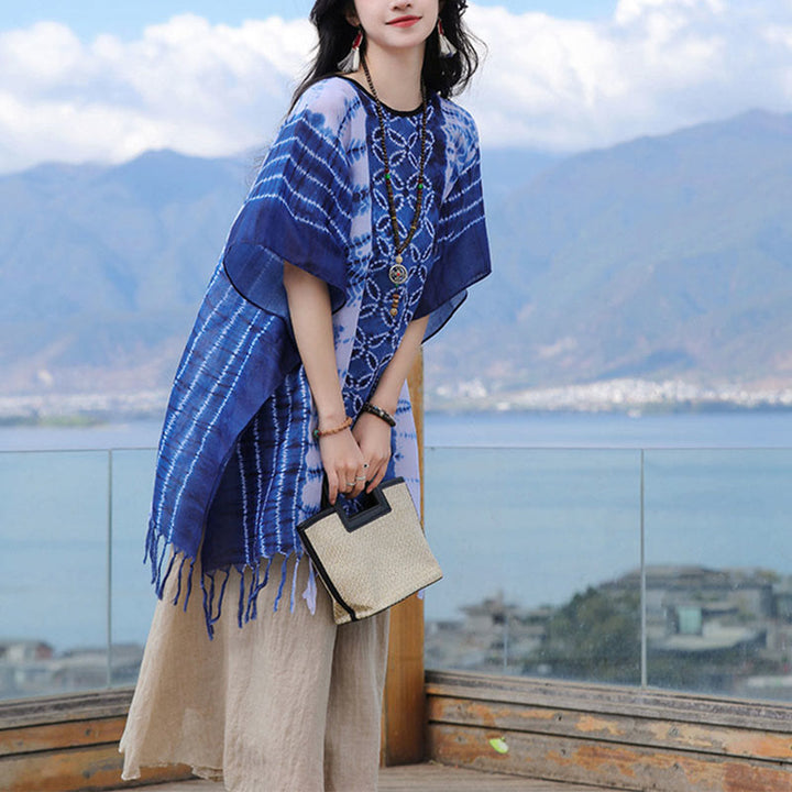 Buddha Stones Blue White Striped Indigo Dyeing Shawl Tassels Cozy Pullover 90*95cm - image 5
